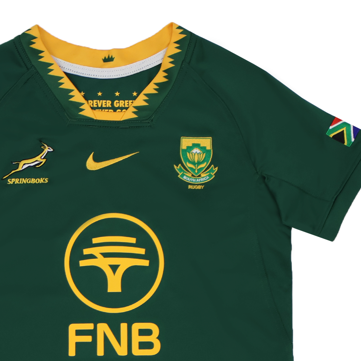 Show your support with the Youth Springboks 25 Replica Home Jersey by Nike, a green jersey with yellow accents, Dri-FIT tech, team and sponsor logos, and a small South African flag on the right sleeve.