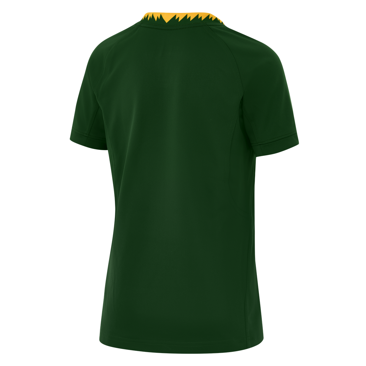 Back view of the Nike Youth Springboks 25 Replica Home Jersey, a short-sleeved dark green shirt with a yellow zigzag collar, inspired by South African rugby and featuring Nike Dri-FIT technology for comfort.