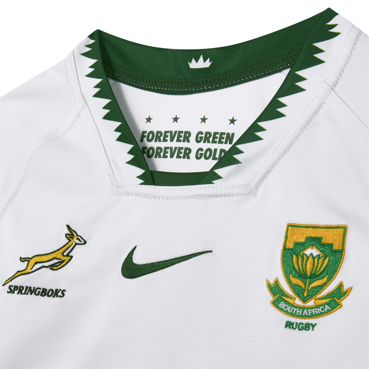 Close-up of the Nike Youth Springboks 25 Replica Away Jersey, featuring the Nike logo, Dri-FIT tech, team badge, and "FOREVER GREEN, FOREVER GOLD" text inside the collar.