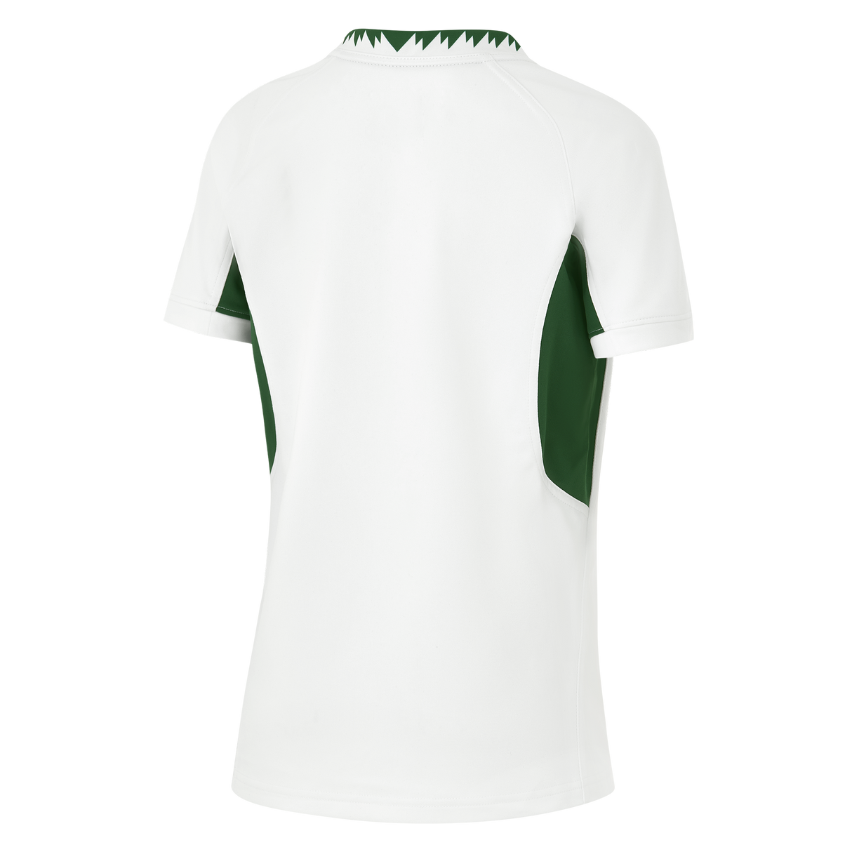 Rear view of the Nike Youth Springboks 25 Replica Away Jersey, a white short-sleeve athletic top with dark green side panels, green collar accent, and advanced Dri-FIT tech for comfort.