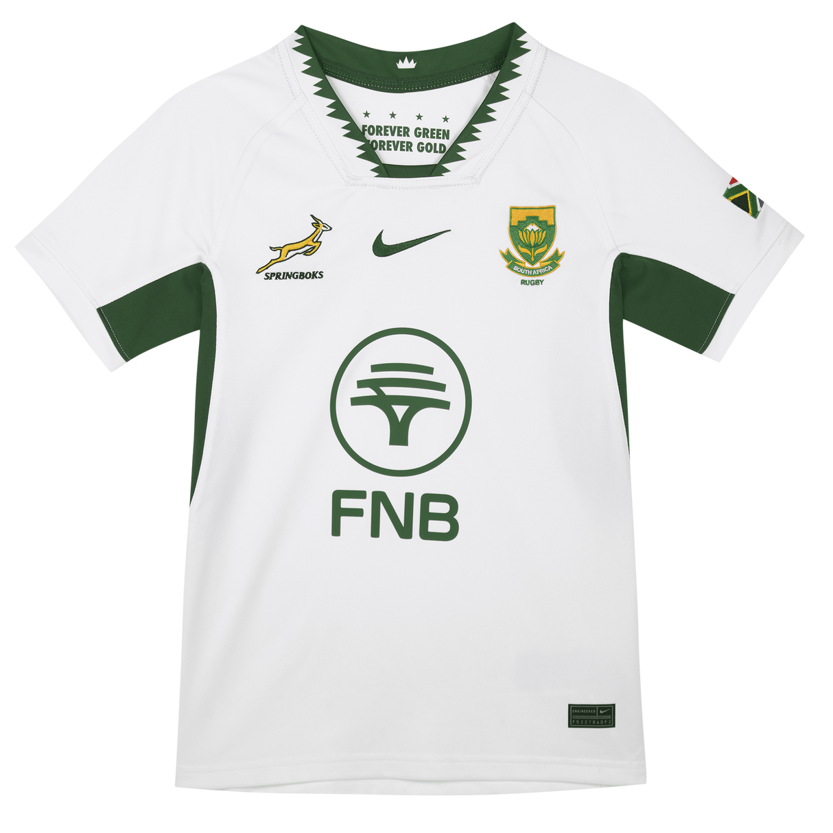 Nike Youth Springboks 25 Replica Away Jersey features Dri-FIT tech, green trim, team and sponsor logos, plus a South African flag on the sleeve.