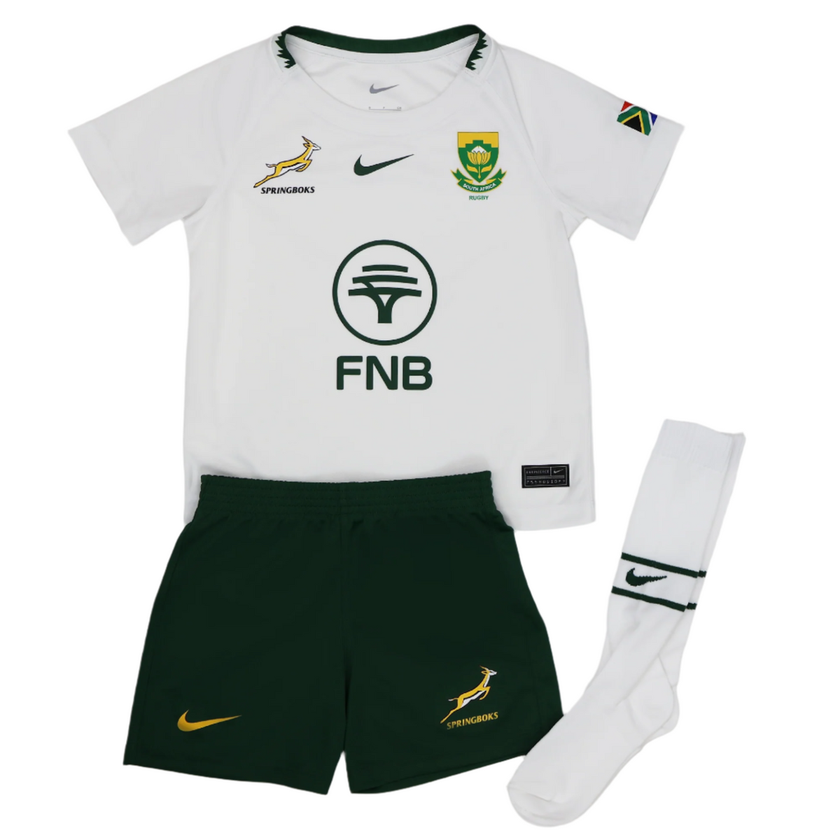 The Little Kids Springboks 25 Replica Away Kit by Nike includes a white jersey, green shorts, and white socks, featuring FNB sponsor logos, the South African flag, and classic Springboks branding.