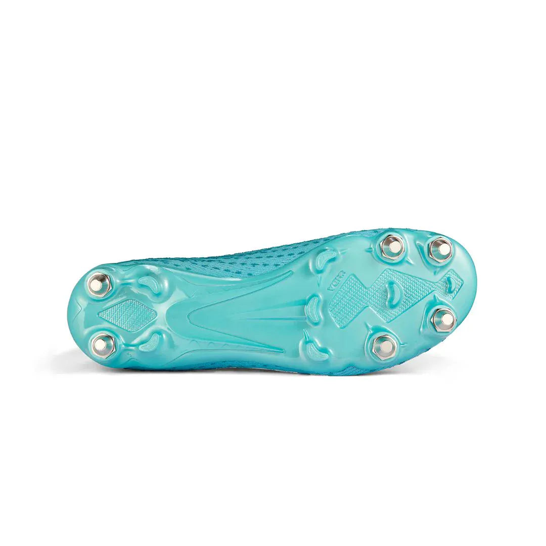 Bottom view of the IDA Sports Ida Women's Helia Pro SG - Blue soccer cleat, designed for wet and muddy fields, featuring six metal studs and textured sole patterns for optimal traction.