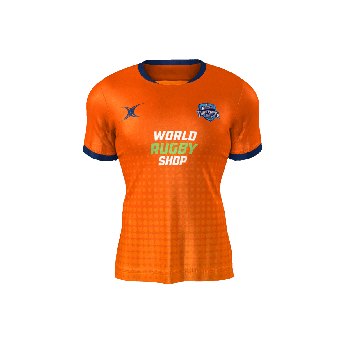 True South Referee Jersey - Orange by Custom GIL AXI features blue accents and displays the World Rugby Shop logo along with a logo on the upper left chest area. Available for pre-order; ships in 3-5 weeks.