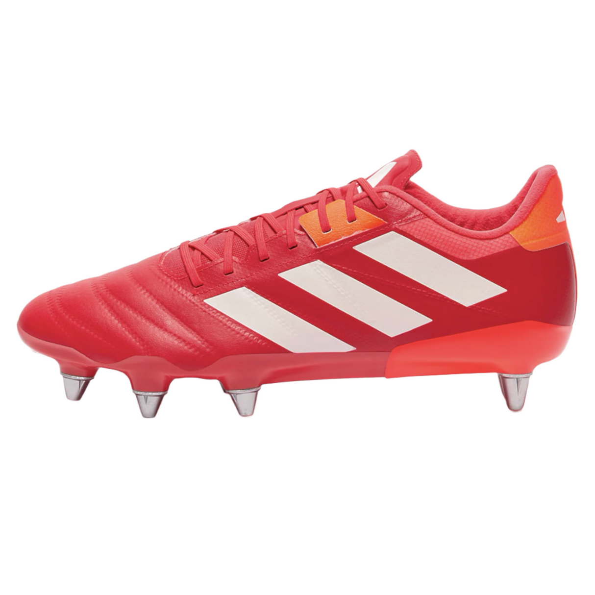 The adidas Kakari RS SG rugby boots in Lucid Red/White/Team Solar Orange feature signature white stripes, an orange heel detail, metal studs, and lightweight build. Displayed in side profile on a white background.