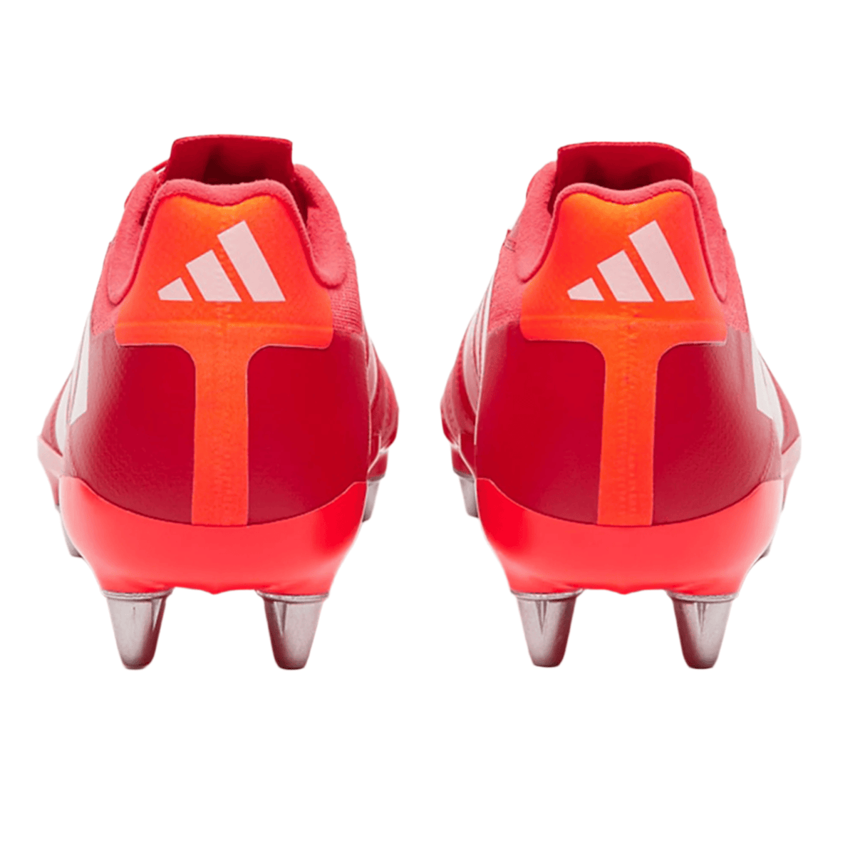 Back view of the adidas Kakari RS SG Rugby Boot in Lucid Red/White/Team Solar Orange, featuring signature white stripes and vibrant orange detailing, with metal studs on the soles designed for optimal performance on soft ground.
