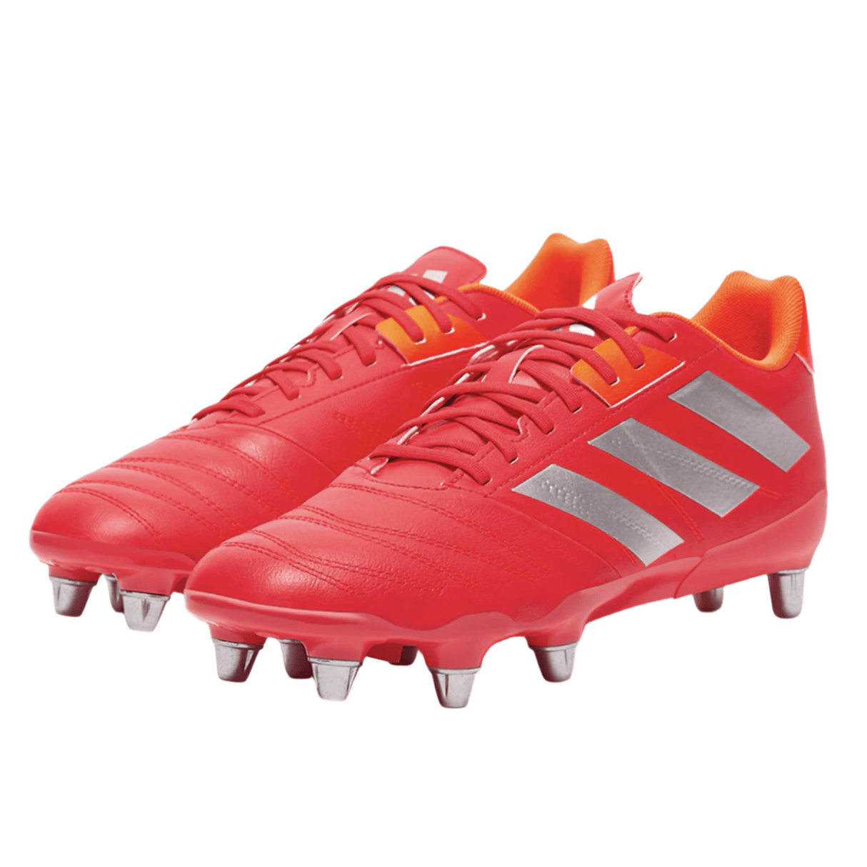The adidas Kakari Elite SG in Lucid Red/White/Team Solar Orange features a sophisticated cleat design with silver stripes and metal studs, ideal for soft ground play against a crisp white backdrop.