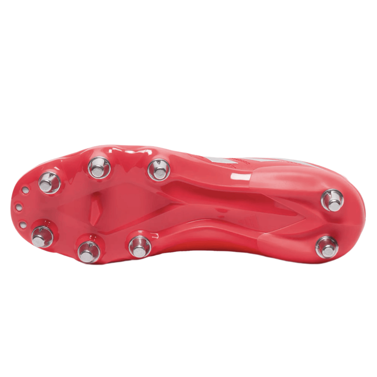 Bottom view of the adidas Kakari Elite SG - Lucid Red/White/Team Solar Orange rugby boot featuring a pink soleplate with metal studs, designed by adidas for excellent traction on soft ground.