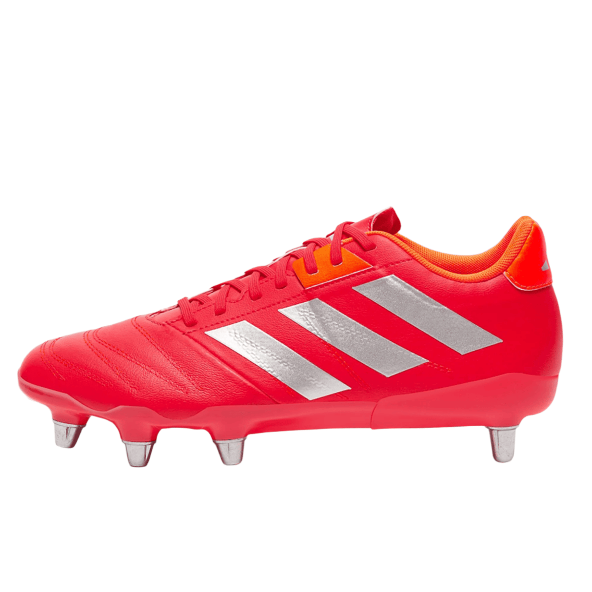 The adidas Kakari Elite SG in Lucid Red/White/Team Solar Orange features silver stripes and a cleat configuration perfect for soft ground, displayed on a white background.