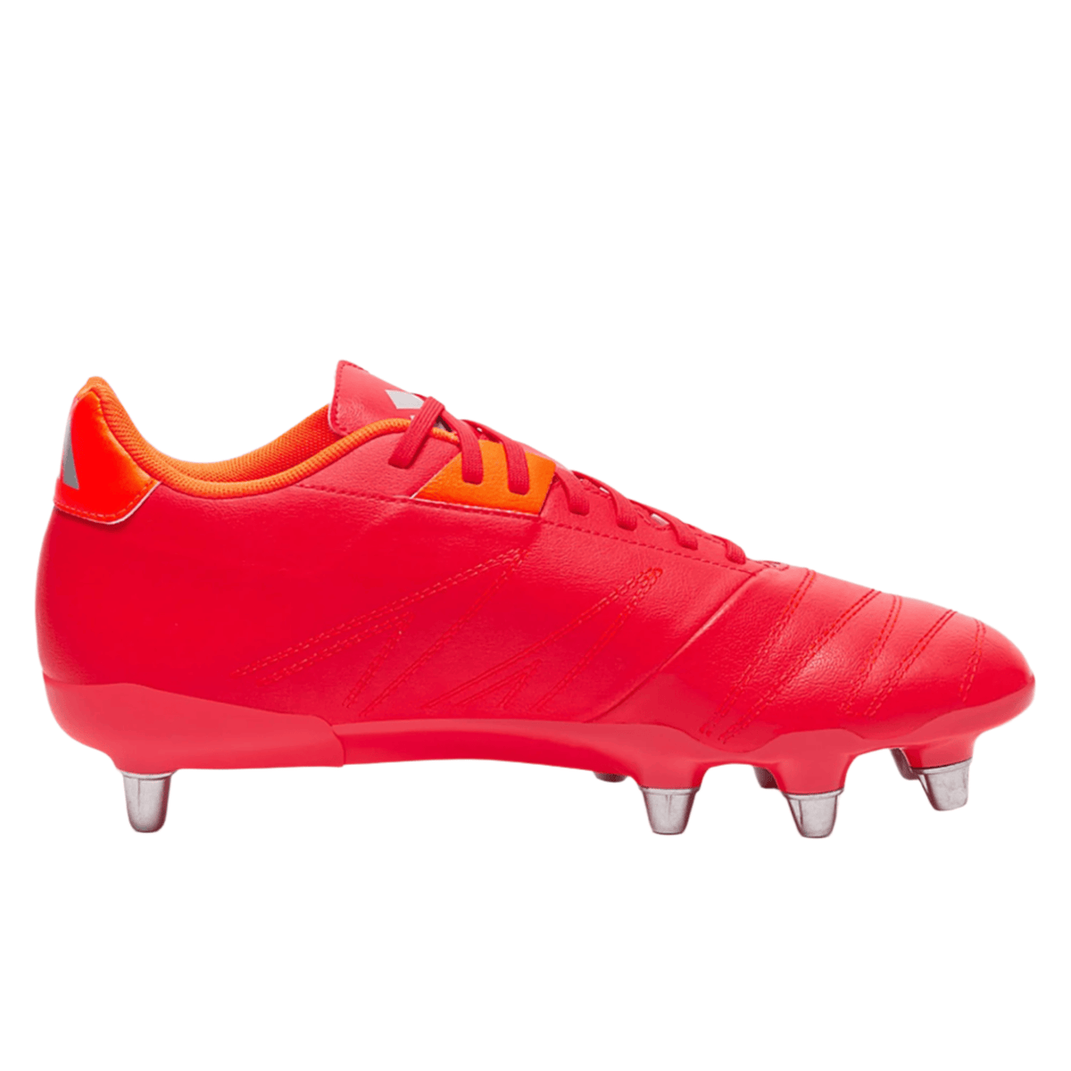 Side view of the adidas Kakari Elite SG soccer cleat in Lucid Red/White/Team Solar Orange, featuring a specialized cleat configuration for optimal performance on soft ground against a white background.