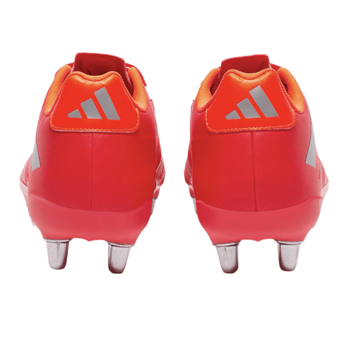 A pair of adidas Kakari Elite SG soccer cleats in Lucid Red with Team Solar Orange accents and metal studs for soft ground, shown from the back on a white background.
