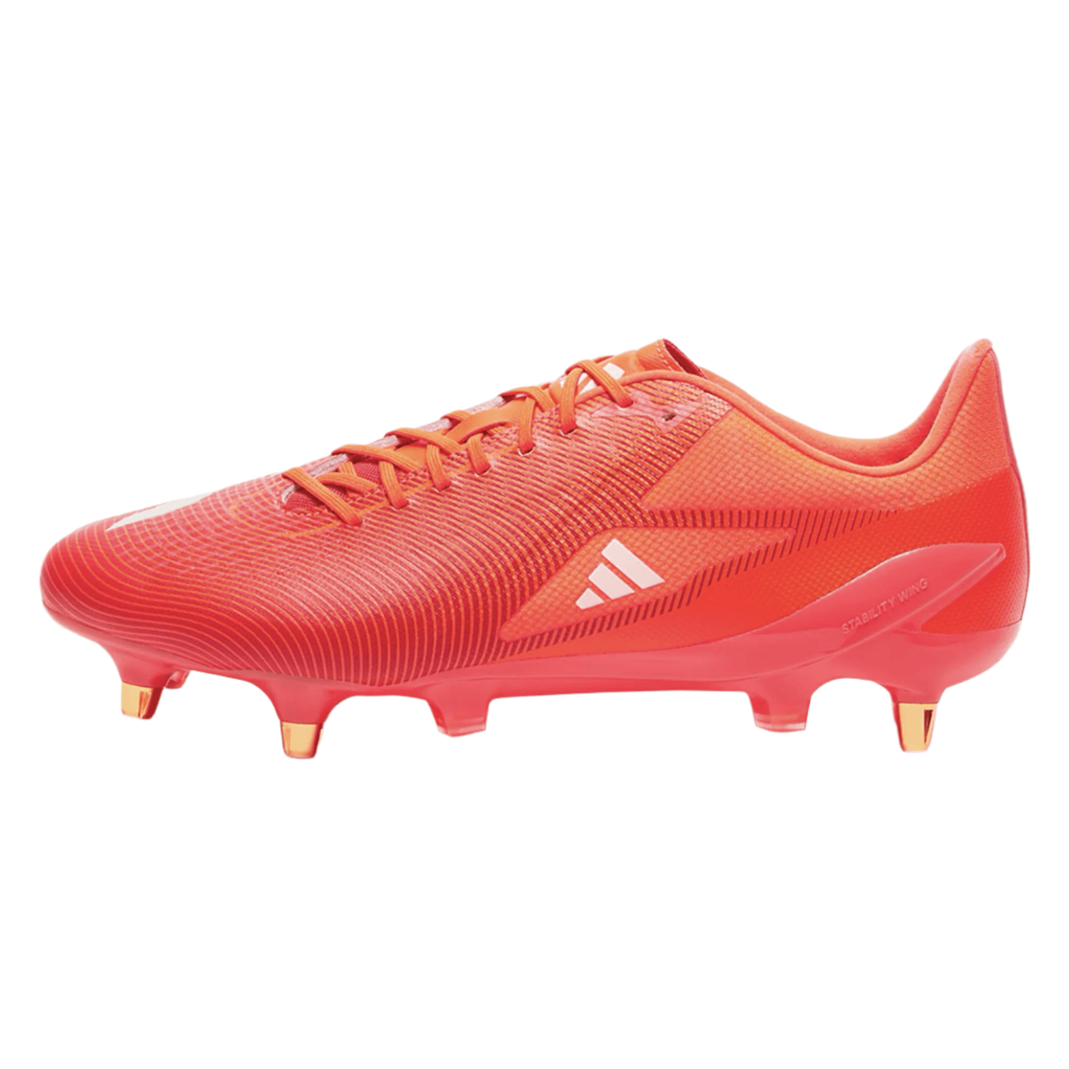 Introducing the adidas Adizero RS15 Pro SG Rugby Boot in Lucid Red, White, and Team Solar Orange—this low-cut shoe, featuring textured detailing and a bold white adidas logo, is designed for firm ground play with striking gold-tone studs. Inspired by professional rugby performance, it brings style and innovation to every match.