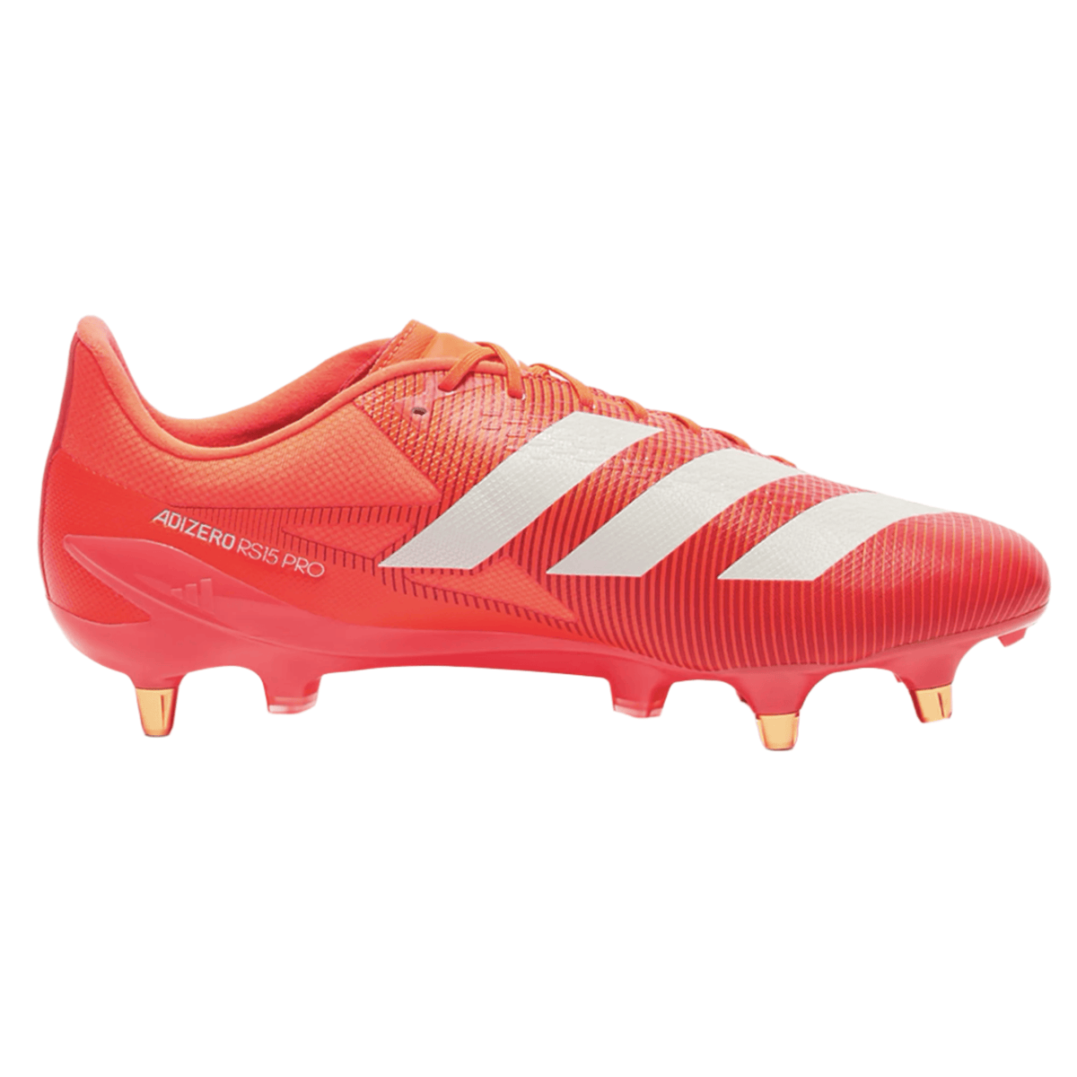The adidas Adizero RS15 Pro SG Rugby Boot in Lucid Red, White, and Team Solar Orange is displayed against a plain white background, featuring white stripes and orange studs for optimal performance on soft ground surfaces.