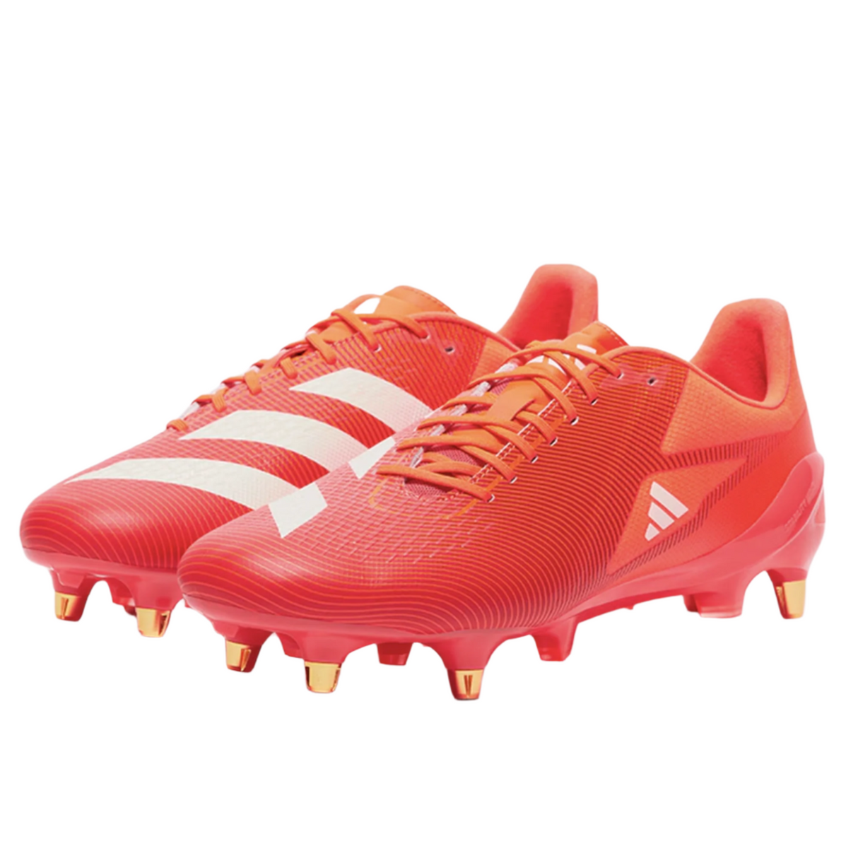 The adidas Adizero RS15 Pro SG rugby boots in Lucid Red/White/Team Solar Orange feature white stripes, gold studs, and a soft ground design, shown on a white background.