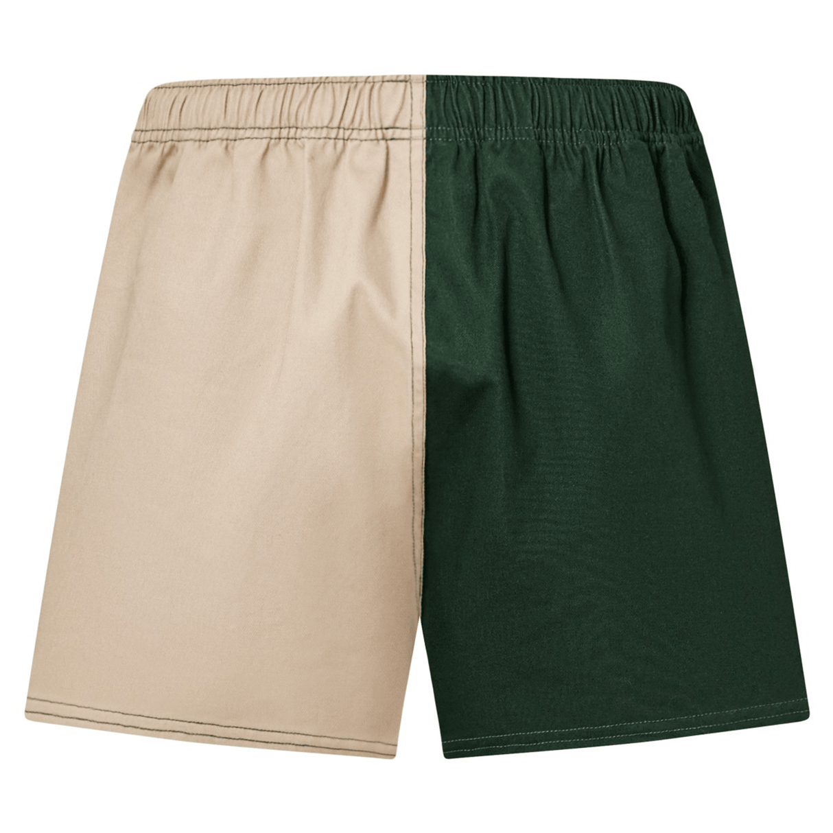 The EMB Canterbury Exiles Rugby Fundamental Harlequin Drill Short features a cotton build, elastic waistband, and a vertically split design with a beige left side and dark green right side.