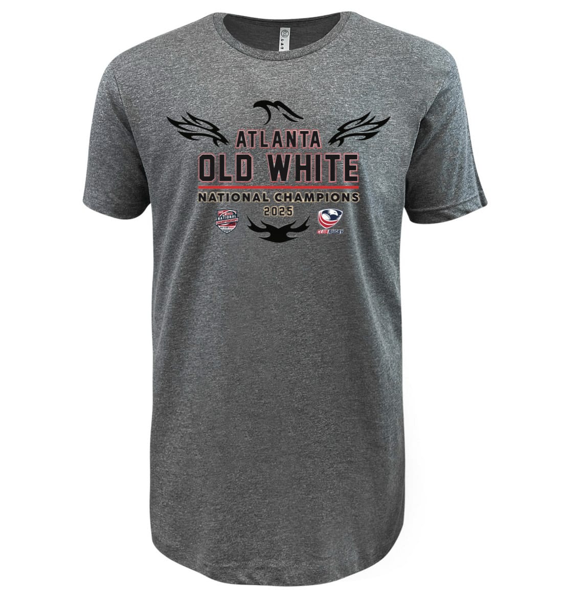 WRS LAT's gray Atlanta Old White RFC 2025 National Champions T-Shirt features "Atlanta Old White RFC National Champions 2025" text, black tribal graphics, and two small rugby logos on the chest—perfect for any fan.