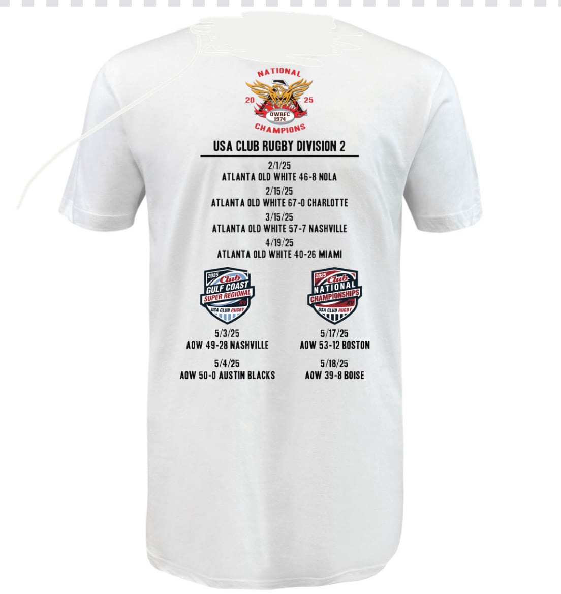 Back of the WRS LAT Atlanta Old White RFC 2025 National Champions T-Shirt shows the USA Club Rugby Division 2 schedule with team logos and match dates.