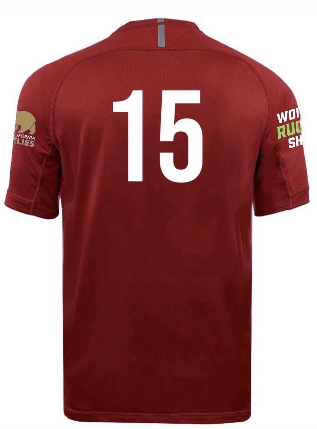 The NorCal Bay Area Middle School All-Stars Evader Jersey by EMB Canterbury is a red rugby jersey featuring a white number 15 on the back and sponsor logos on both sleeves.