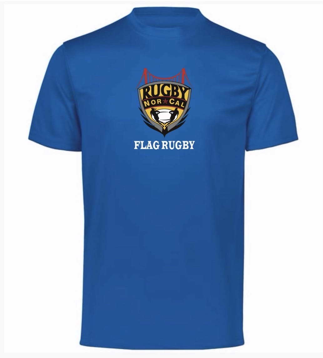 Stay comfortable all day in the NorCal Sacramento Flag Rugby Momentum Tee by WRS Augusta, featuring moisture-wicking fabric and “Rugby NorCal” with “FLAG RUGBY” text in white.