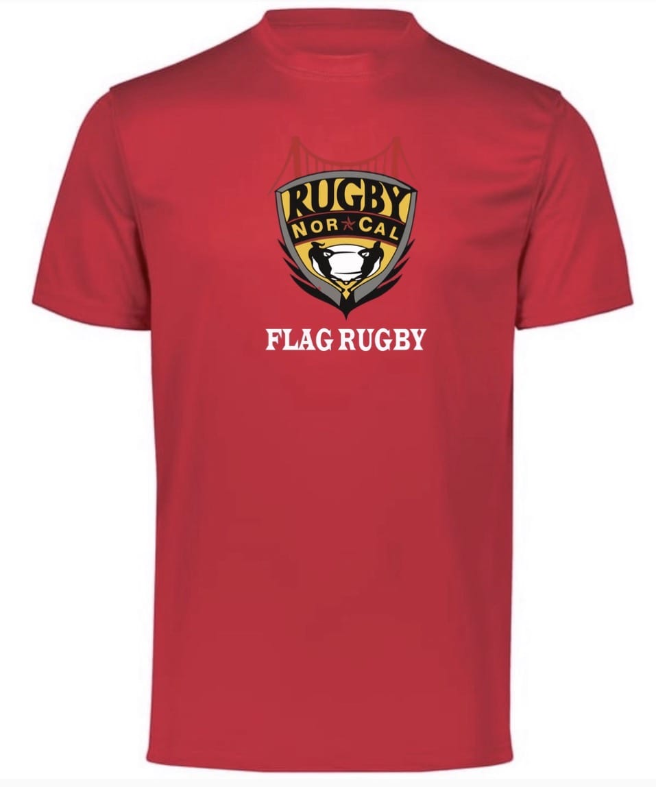 The NorCal Bay Area Flag Rugby Momentum Tee by WRS Augusta showcases the Rugby NorCal logo above "Flag Rugby" in white—perfect for any NorCal Rugby Club supporter.