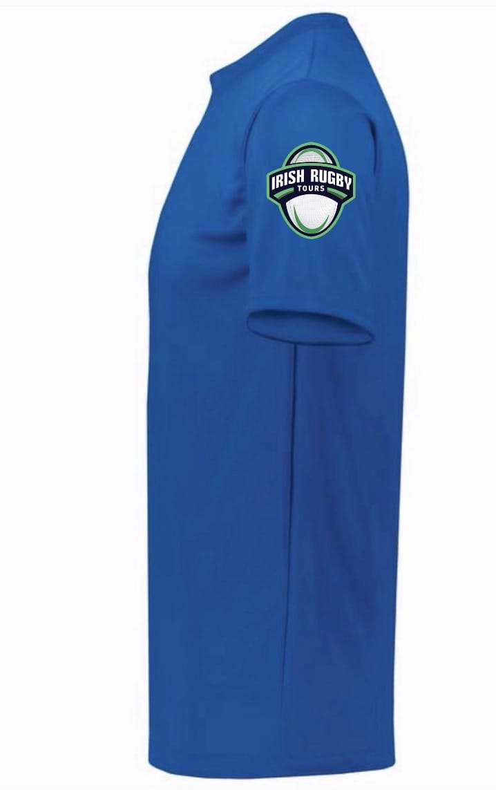 A blue NorCal Sacramento Flag Rugby Momentum Tee by WRS Augusta, shown from the side, features an "Irish Rugby Tours" logo on the upper arm and moisture-wicking fabric for all-day comfort.