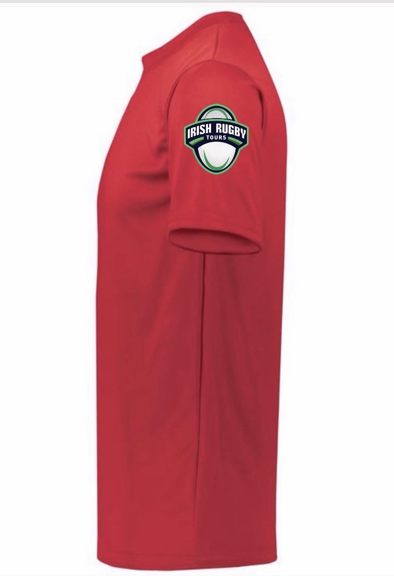 A side view of the NorCal Bay Area Flag Rugby Momentum Tee by WRS Augusta, a plain red performance crew short-sleeve shirt with an "Irish Rugby Tours" logo patch on the upper left sleeve.