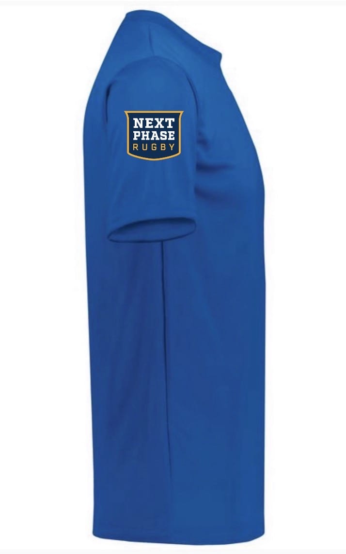 The NorCal Sacramento Flag Rugby Momentum Tee by WRS Augusta is shown from the side, featuring a "Next Phase Rugby" logo patch on the left sleeve. Made with moisture-wicking fabric and built-in UPF for outdoor comfort and sun protection.