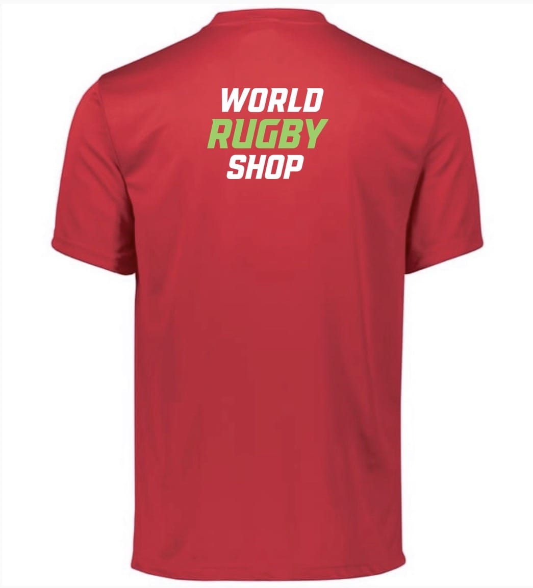 Back view of the red NorCal Bay Area Flag Rugby Momentum Tee by WRS Augusta, showcasing "WORLD RUGBY SHOP" in white and green lettering on the upper back—ideal for NorCal Rugby Club supporters.
