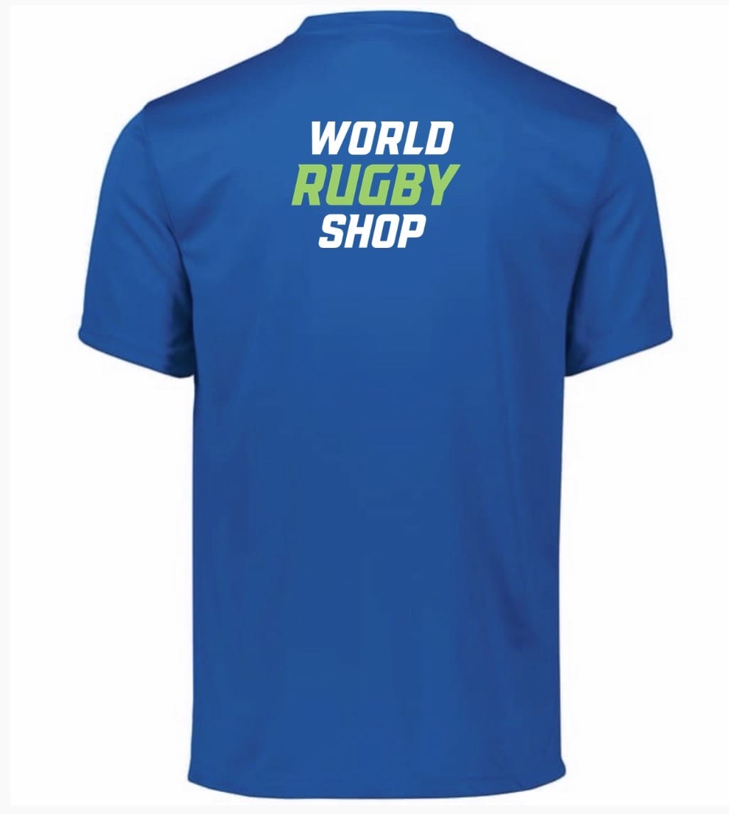 The NorCal Sacramento Flag Rugby Momentum Tee by WRS Augusta is a blue short-sleeve shirt with "WORLD RUGBY SHOP" printed on the upper back. Made from moisture-wicking fabric for all-day comfort.