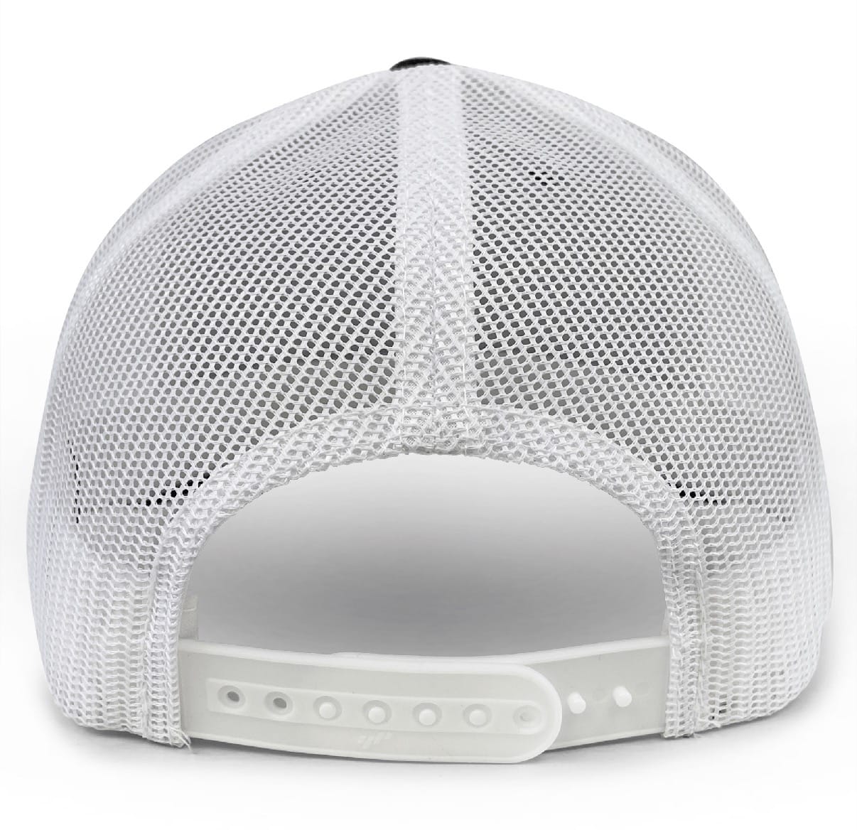 Back view of the Montgomery Yellowhammers Trucker Cap by EMB S&S Activewear, featuring breathable white mesh and an adjustable plastic snapback closure.