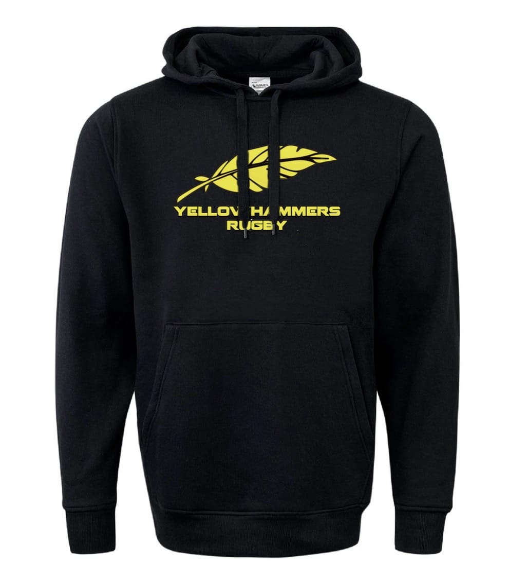 The Montgomery Yellowhammers 60/40 Fleece Hoodie by WRS Augusta features a yellow feather graphic and "YELLOW HAMMERS RUGBY" text—an athletic sweatshirt ideal for fan wear and showing team pride.