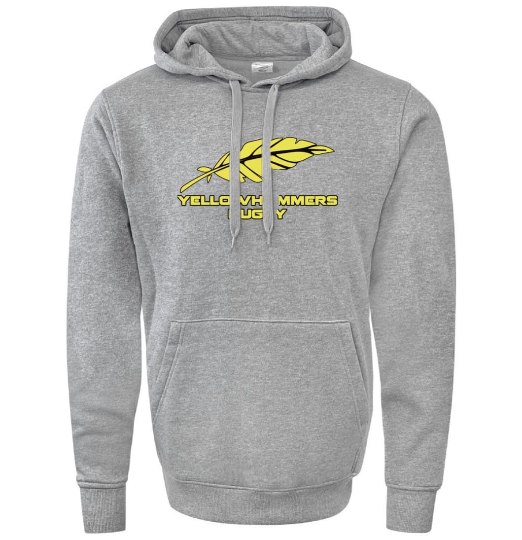 The Montgomery Yellowhammers 60/40 Fleece Hoodie by WRS Augusta is a gray athletic sweatshirt with a yellow feather graphic and "YELLOWHAMMERS RUGBY" in yellow and black—ideal custom fan wear.