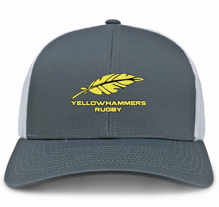 The Montgomery Yellowhammers Trucker Cap by EMB S&S Activewear is a gray and white retro cap with a yellow feather and bold "YELLOWHAMMERS RUGBY" lettering on the front, featuring a snapback closure for adjustable fit.