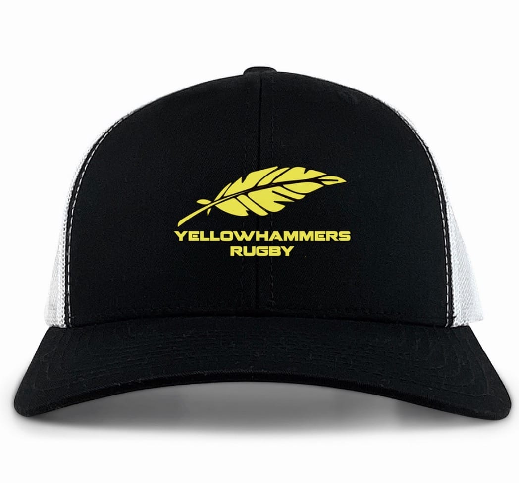 The Montgomery Yellowhammers Trucker Cap by EMB S&S Activewear features a black-and-white retro design, a yellow feather, "YELLOWHAMMERS RUGBY" embroidery on the front, and an adjustable snapback closure.