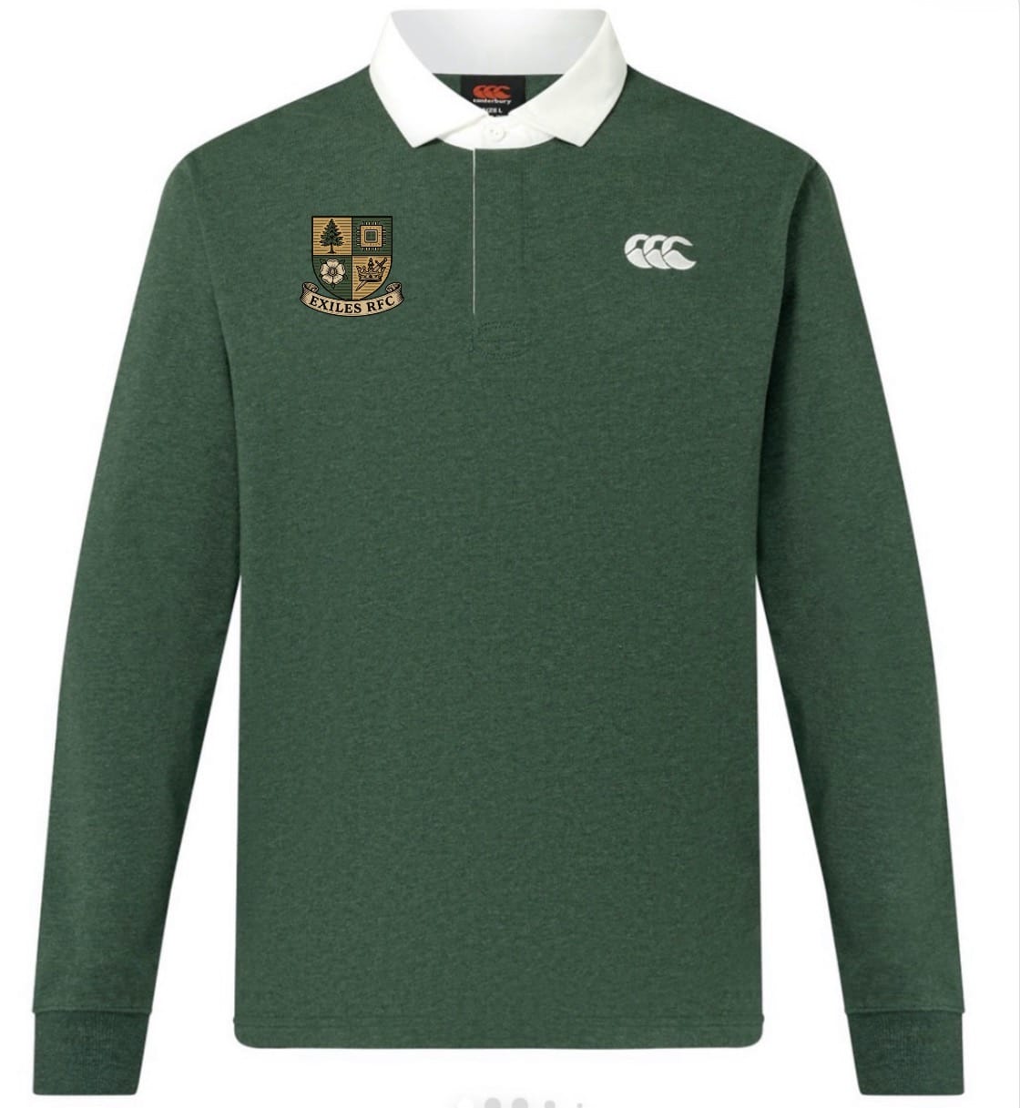 The Exiles Rugby Football Club Solid Dye Rugby Jersey by EMB Canterbury features a green long-sleeve design, white collar, embroidered club crest on the left chest, and a white Canterbury logo on the right chest.