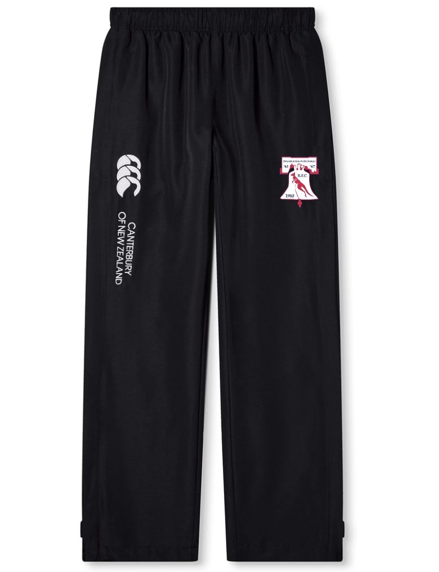 The Philly Whitemarsh Open Hem Stadium Pant by EMB Canterbury features an elastic waistband, white "Canterbury of New Zealand" logo on the left leg, red and white emblem on the right leg, and a classic men’s open hem design.