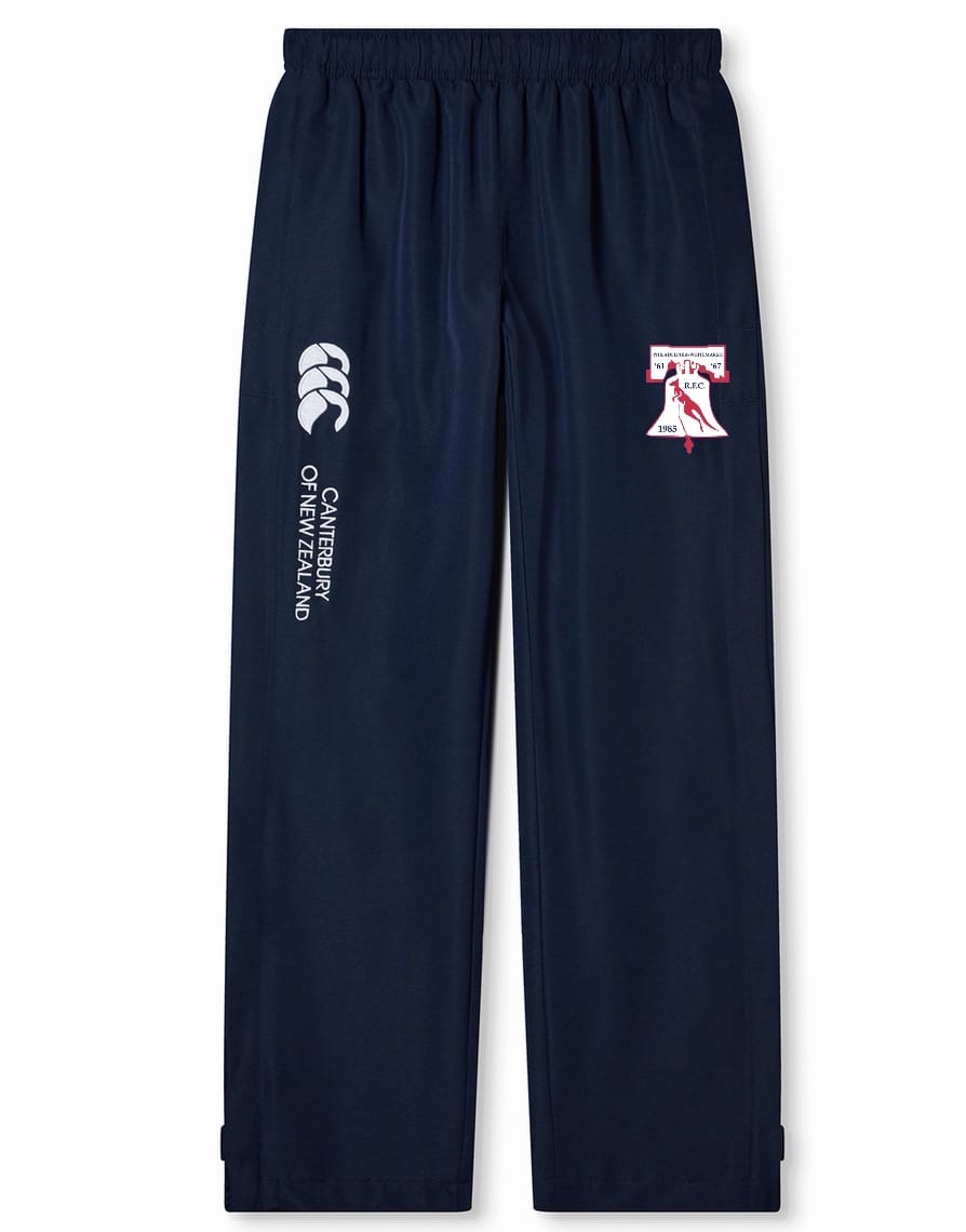 The Philly Whitemarsh Open Hem Stadium Pant by EMB Canterbury features an elastic waistband and white/red club logos on the left thigh—ideal stadium pants for rugby fans.