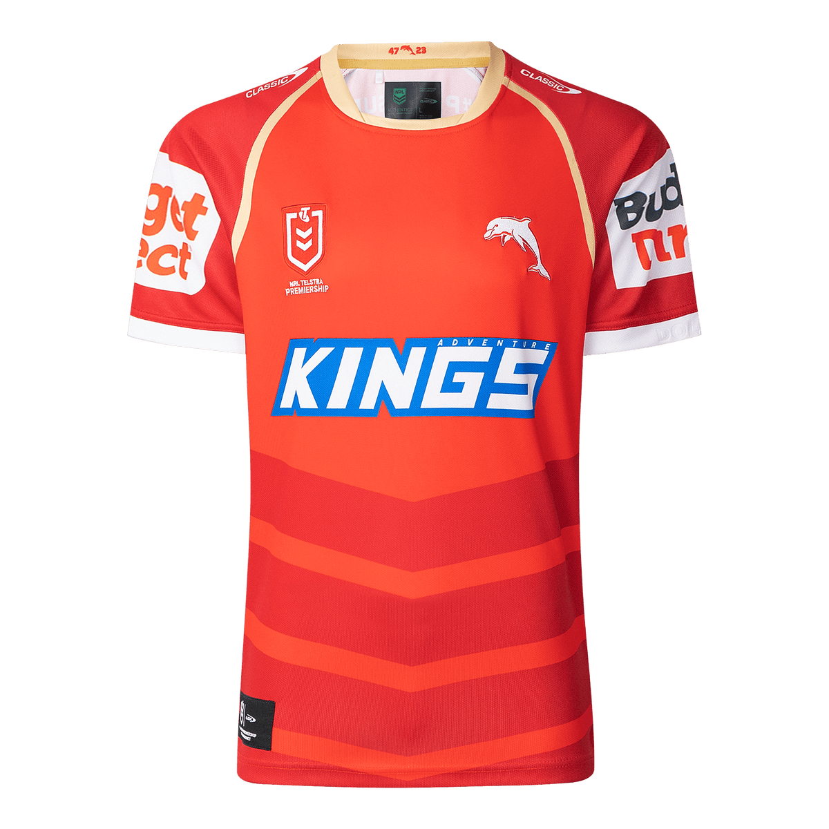 The Dolphins NRL 25/26 Replica Home Jersey by Classic Sportswear showcases a red and orange design with the iconic "KINGS" logo, a striking dolphin graphic, and white sponsor names on the sleeves, proudly embodying the Dolphins NRL spirit.