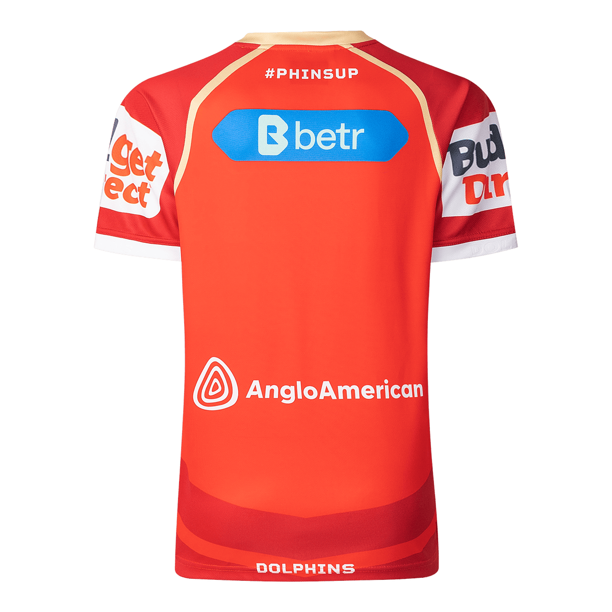 The back of the vibrant red Dolphins NRL 25/26 Replica Home Jersey by Classic Sportswear showcases "#PHINSUP" and sponsor logos from Anglo American, Budget Direct, and Betr. It features "DOLPHINS" at the bottom and is a fan favorite.