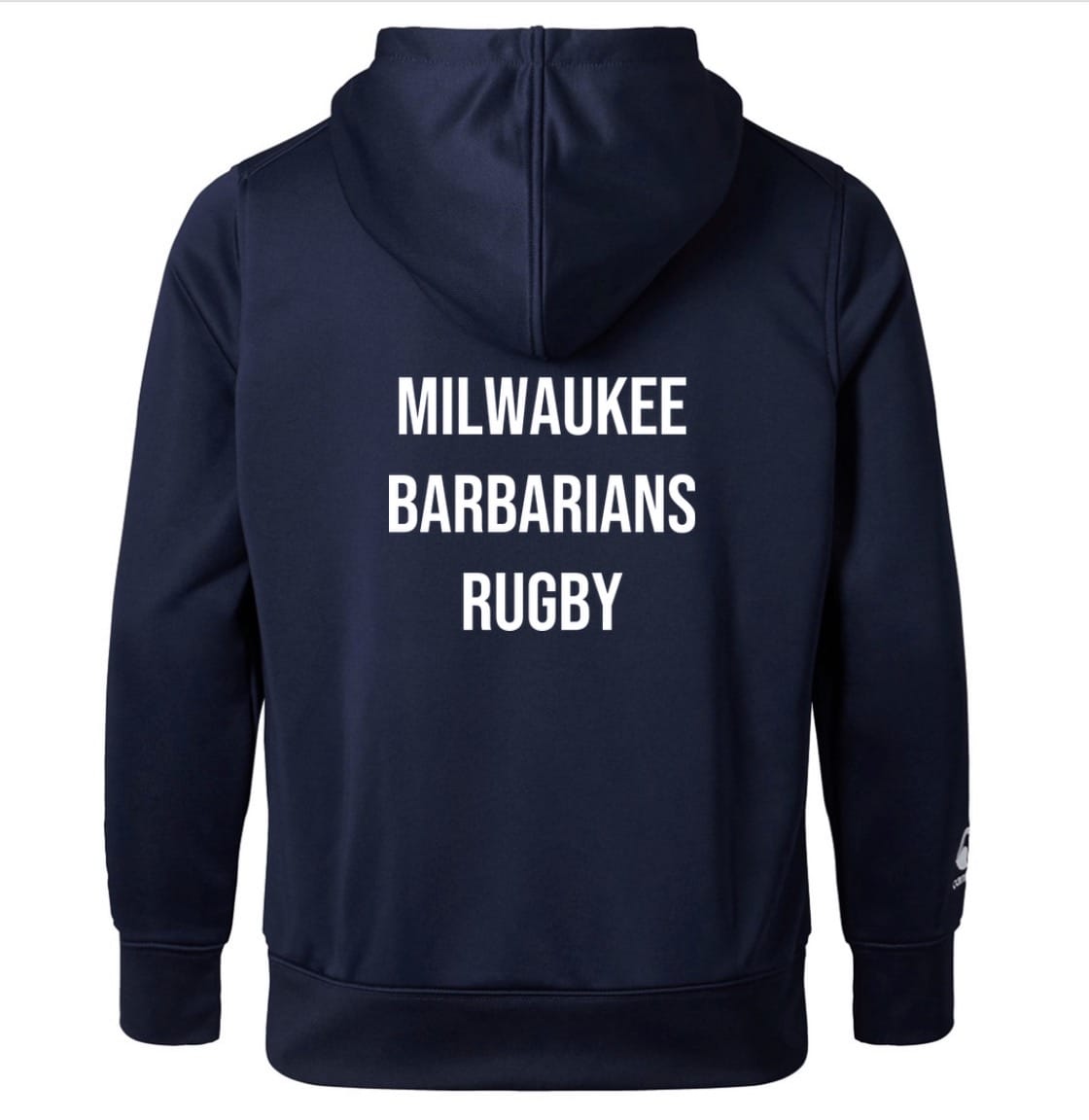 The Milwaukee Barbarians Rugby Club Hoodie by WRS Canterbury features “MILWAUKEE BARBARIANS RUGBY” in white on the back—a perfect custom hoodie for fans and players.