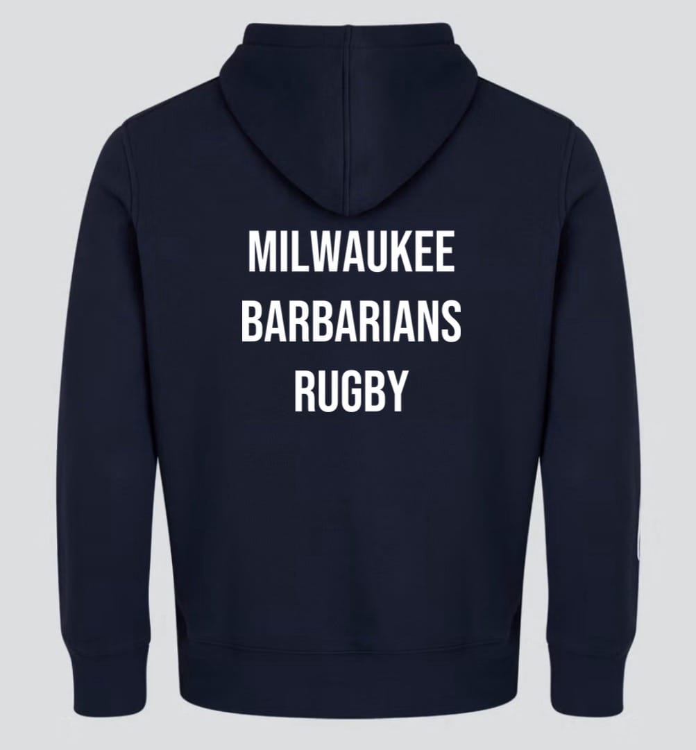 The Milwaukee Barbarians Rugby Club Lightweight Hoodie by WRS Canterbury features bold "MILWAUKEE BARBARIANS RUGBY" print on the back. This navy polyester hoodie is perfect for rugby fans and Canterbury Club supporters.