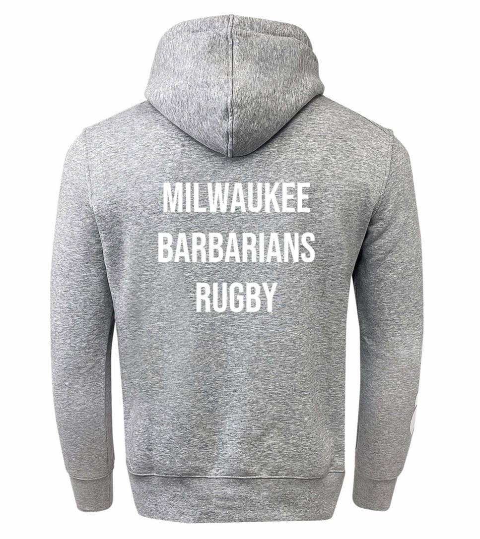 The Milwaukee Barbarians Rugby Club Hoodie by Canterbury from WRS Canterbury is a grey hoodie featuring “MILWAUKEE BARBARIANS RUGBY” printed in large white letters on the back.