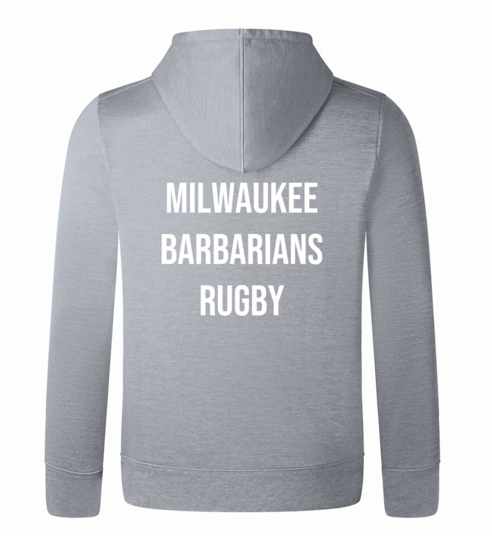 The Milwaukee Barbarians Rugby Club Lightweight Hoodie by WRS Canterbury features "MILWAUKEE BARBARIANS RUGBY" in bold white capitals on the back—a classic polyester hoodie ideal for rugby fans.