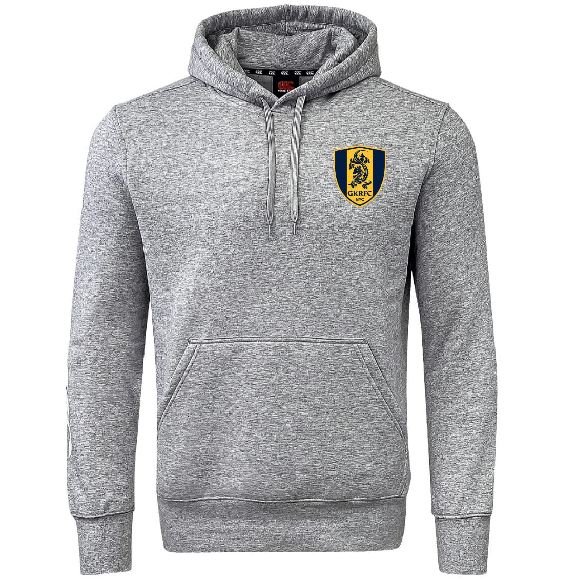 The Gotham Knights Embroidered Club Hoodie by Canterbury features a gray design, front pocket, and yellow-blue CKFC crest on the left chest. Brand: EMB Canterbury.