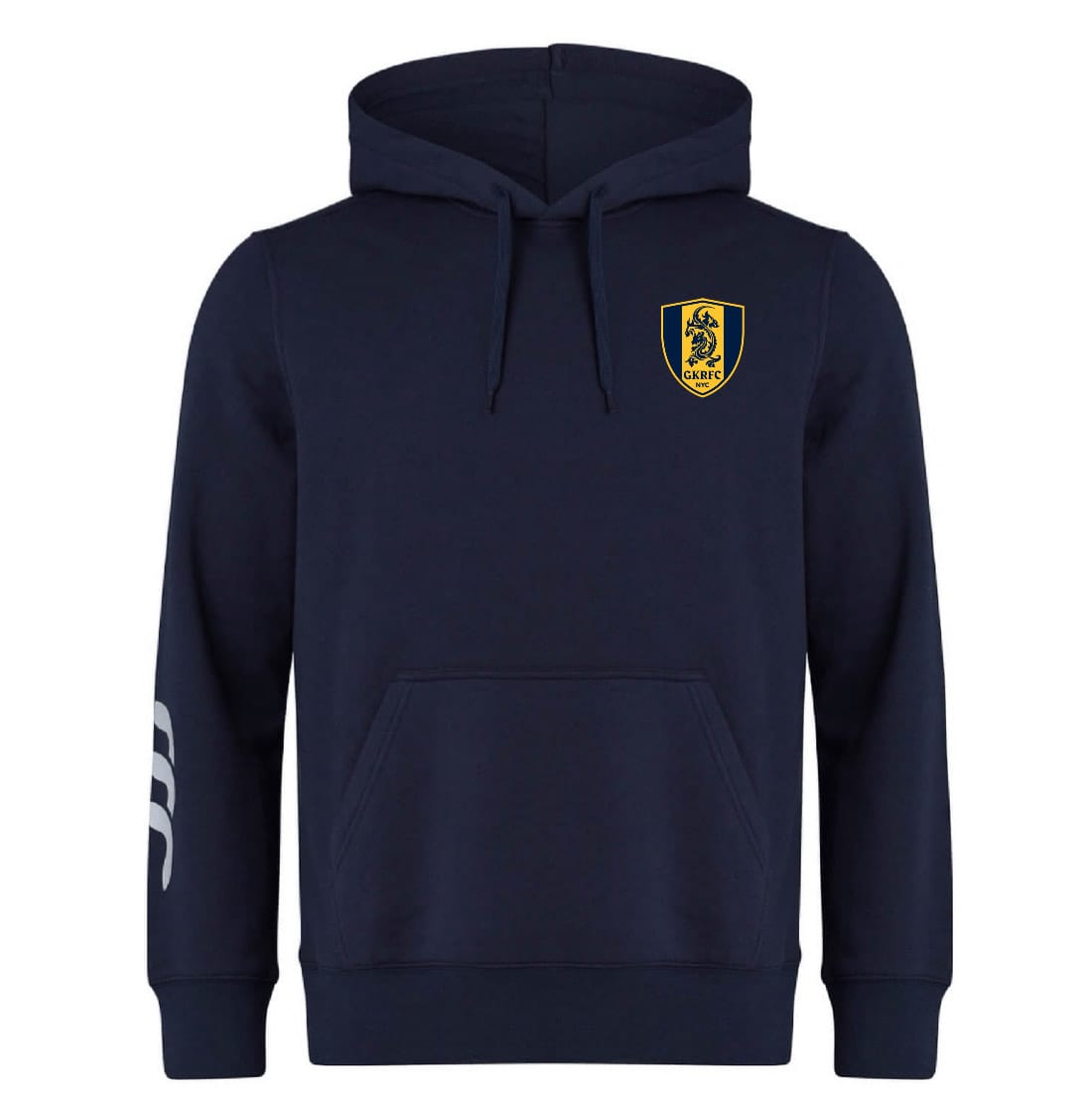 The EMB Canterbury Gotham Knights Embroidered Club Hoodie features a navy blue design, yellow and black club crest on the left chest, hood, and a white stripe on the right sleeve.