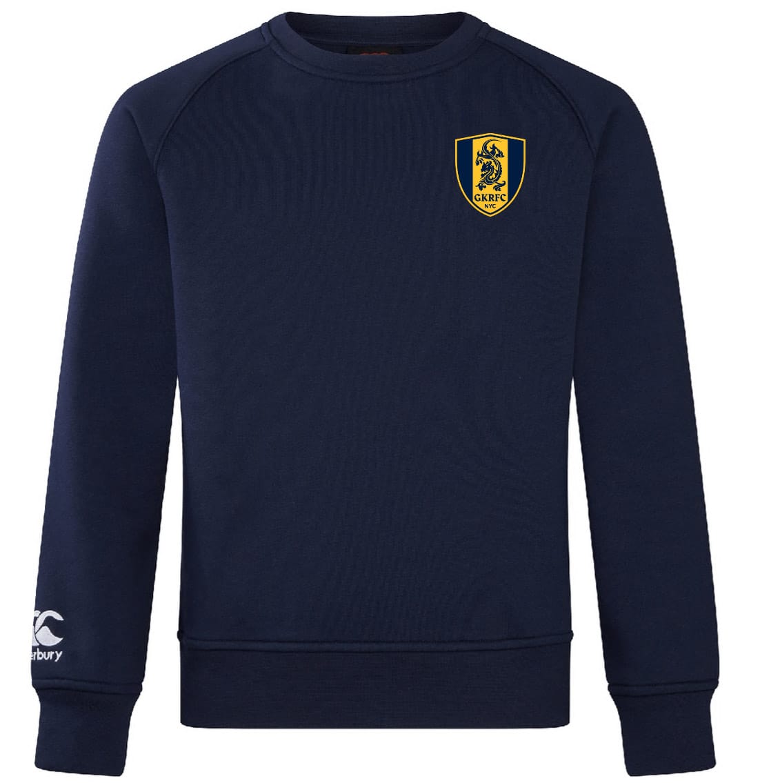 The EMB Canterbury Gotham Knights Embroidered Club Crew Sweatshirt is navy blue, with a yellow and black CKRFC crest on the left chest and a white Canterbury logo on the right sleeve.