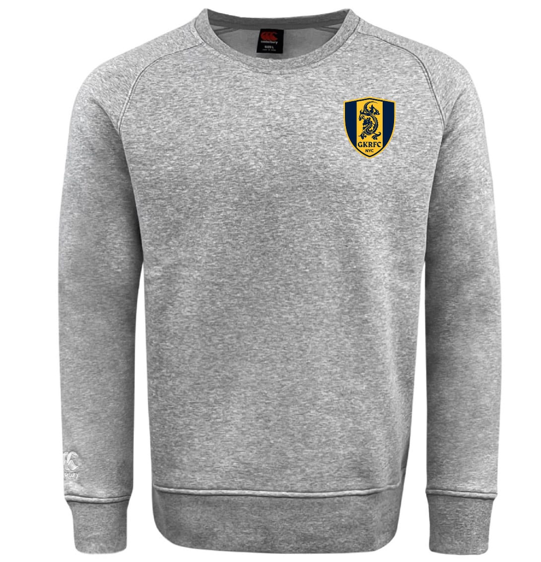 The Gotham Knights Embroidered Club Crew Sweatshirt by EMB Canterbury is a grey crew featuring a blue and yellow C**KRFC badge on the left chest, blending classic Canterbury comfort with timeless style.