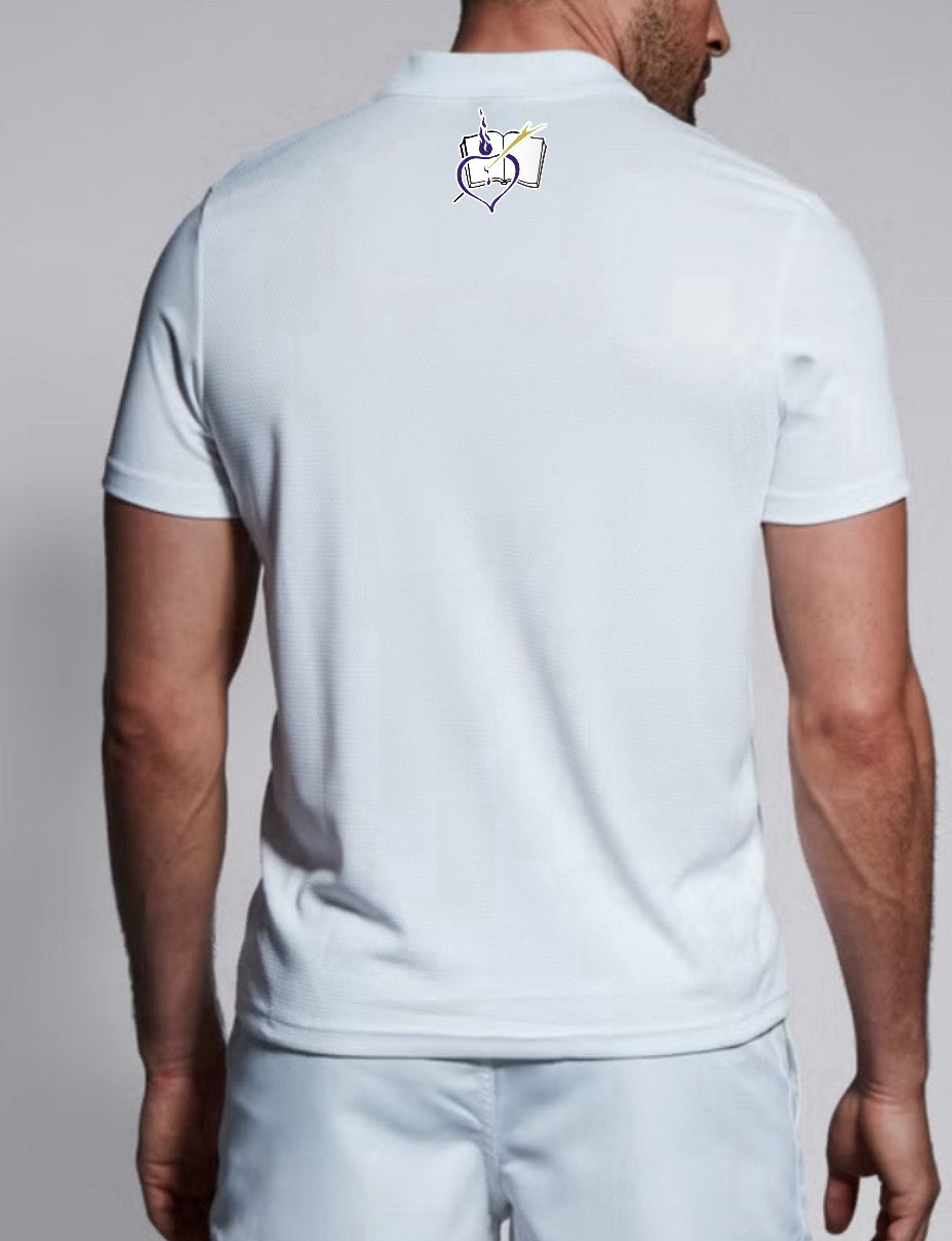 A person wearing a plain white St. Augustine High School Club Dry Polo by EMB Canterbury, seen from the back, with a small abstract logo near the collar and made with breathable Vapodri technology.