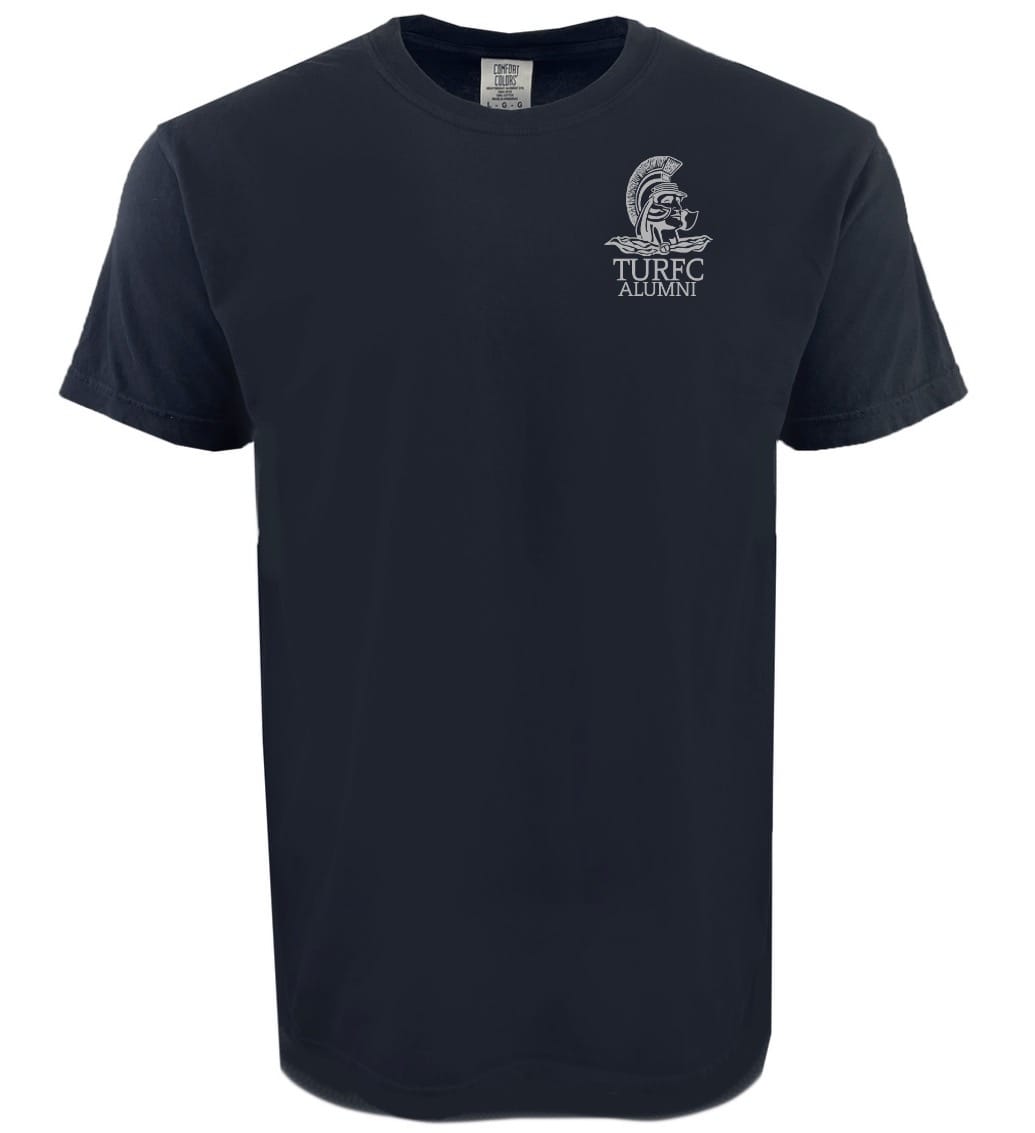 The Troy Rugby Alumni Heavyweight Comfort T-Shirt by EMB S&S Activewear is navy blue, crafted from premium USA cotton, and features a white Trojan helmet with "TURRC ALUMNI" on the left chest—ideal for proud alumni.