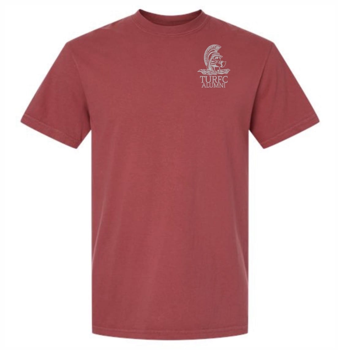 The Troy Rugby Alumni Heavyweight Comfort T-Shirt by EMB S&S Activewear is a heavyweight maroon cotton tee with a small white "TURFC ALUMNI" graphic on the left chest—ideal for Troy Rugby Alumni.